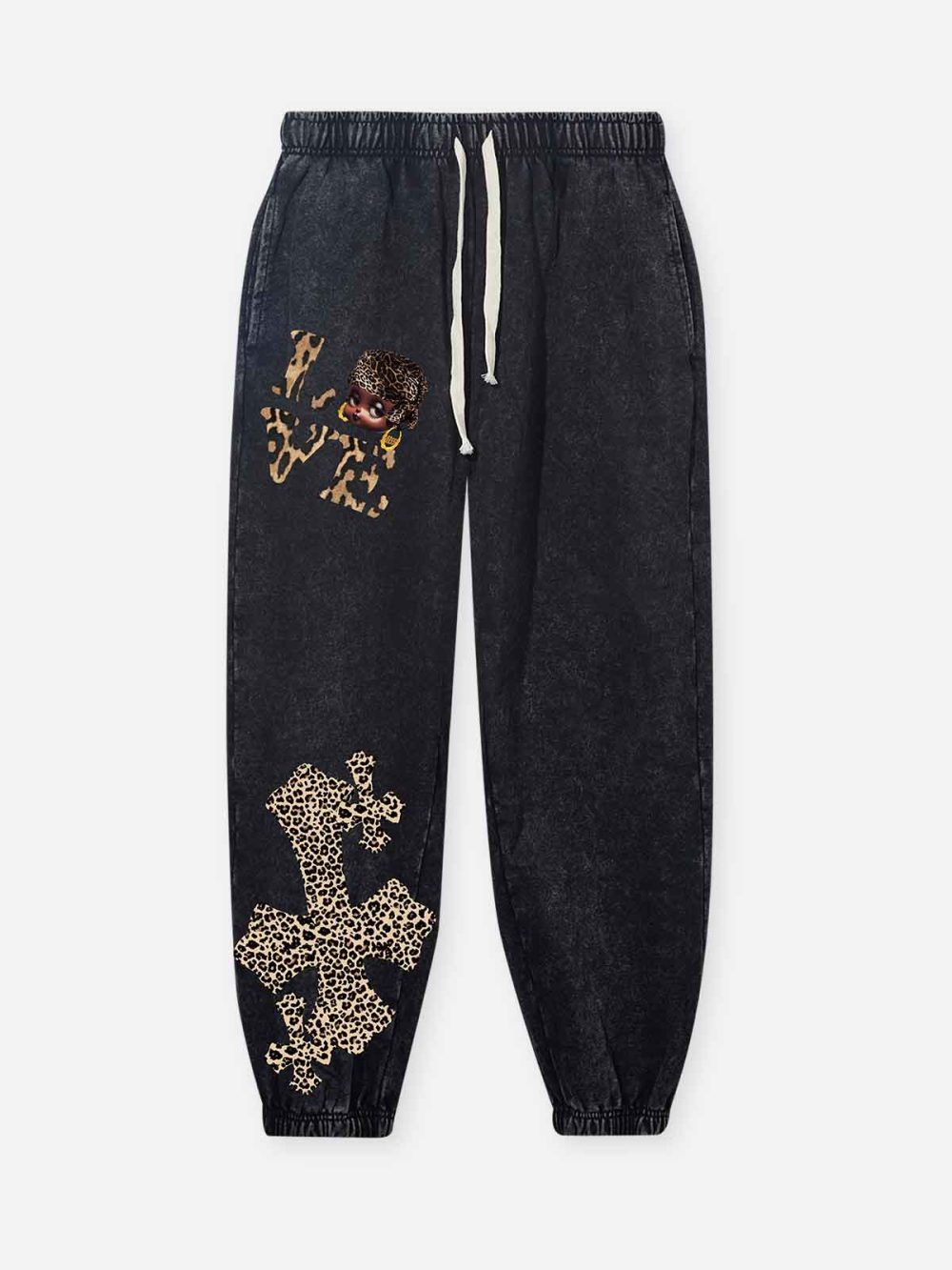 Cartoon girl Print with Leopard Cross Pants (370g)