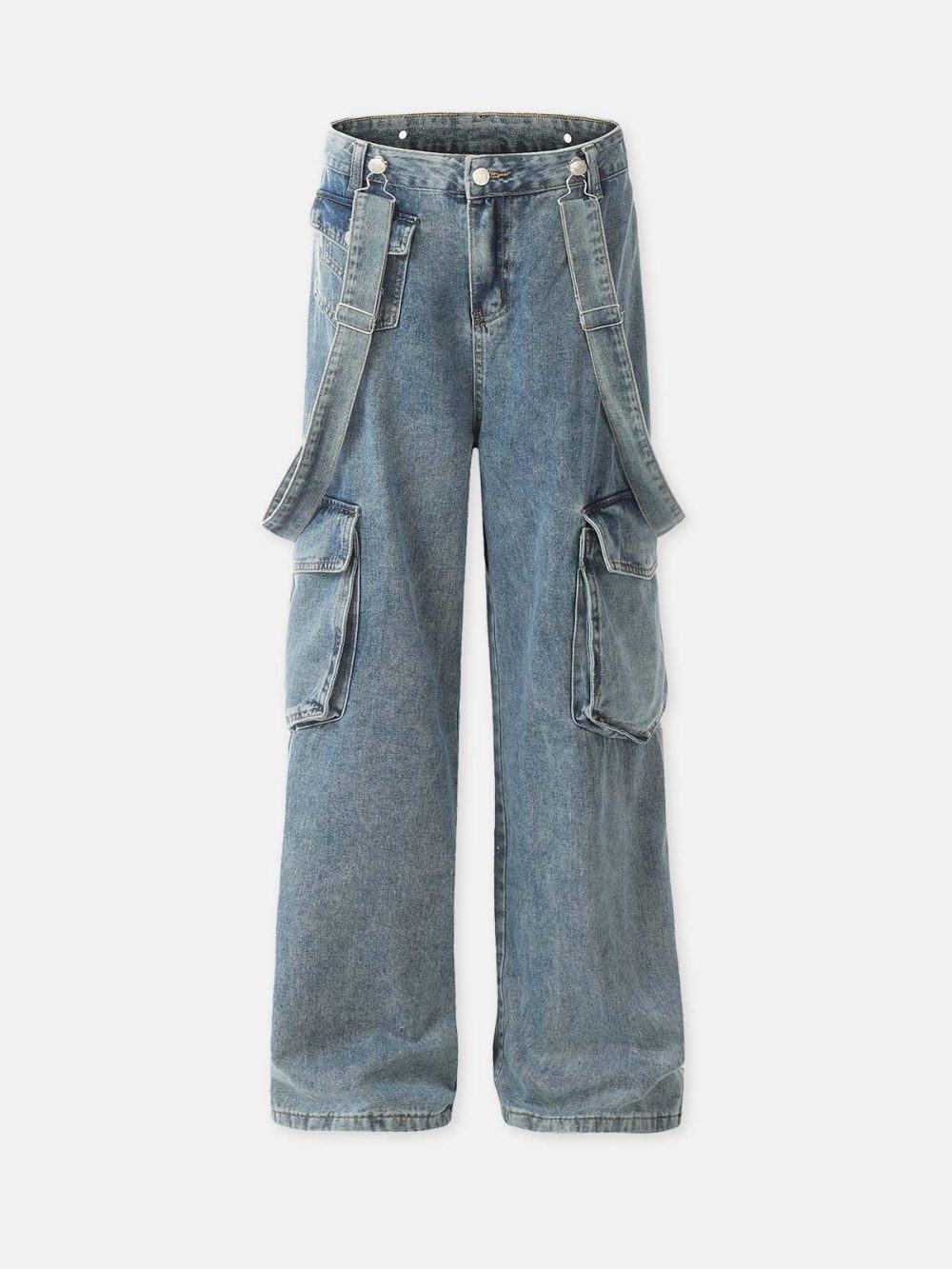 Detachable Strap Straight-Leg Cargo Loose-Fit Denim Jeans