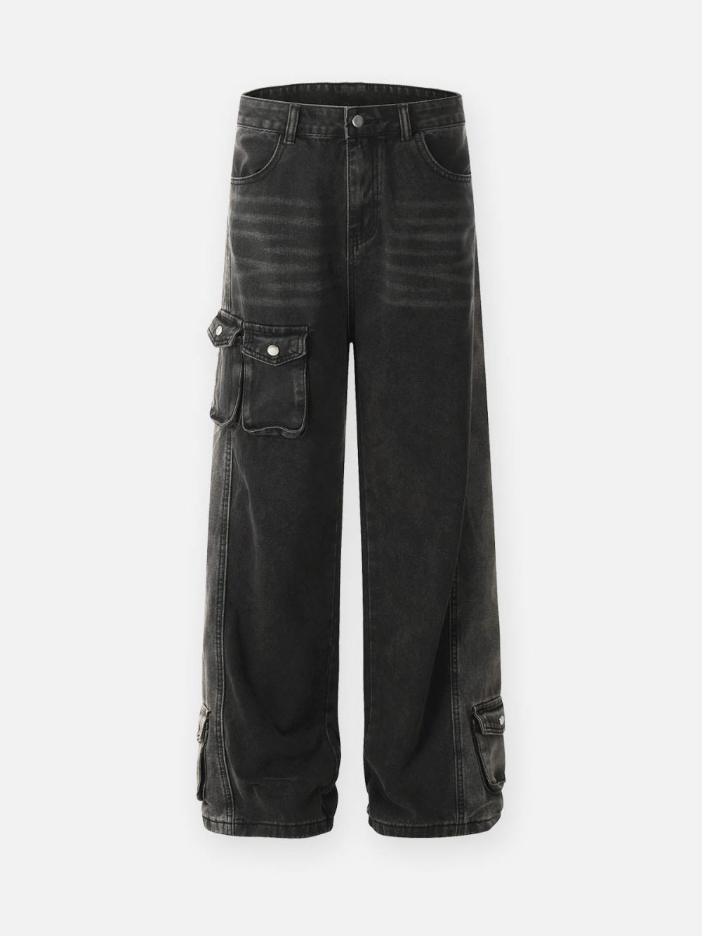 Multi-Pocket Design Washed Workwear Straight Jeans