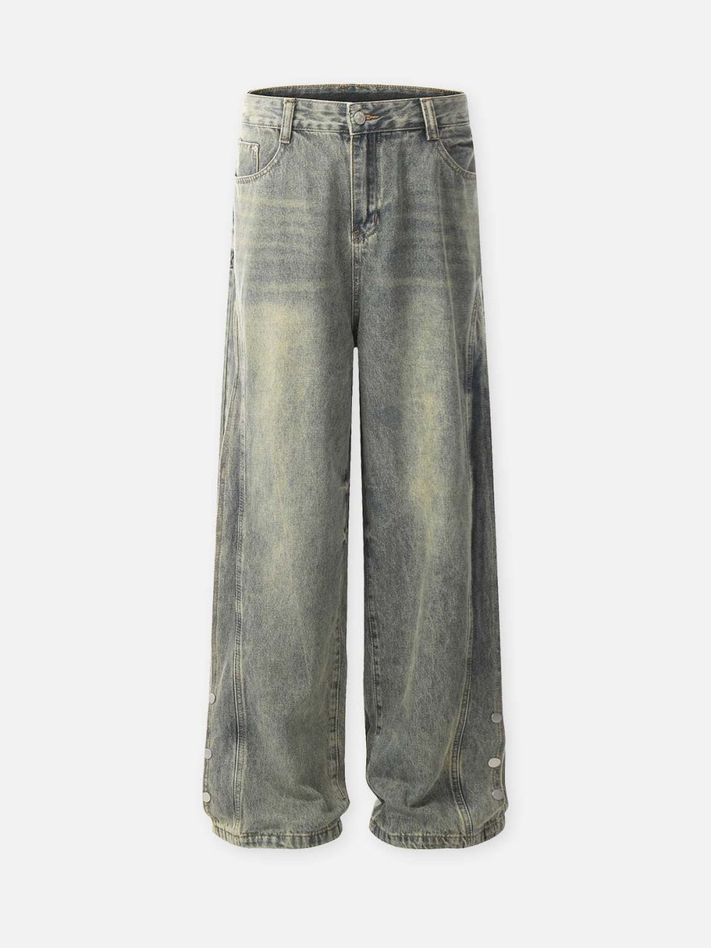 layered-patchwork button-front straight-leg retro jeans