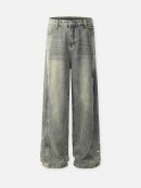 layered-patchwork button-front straight-leg retro jeans