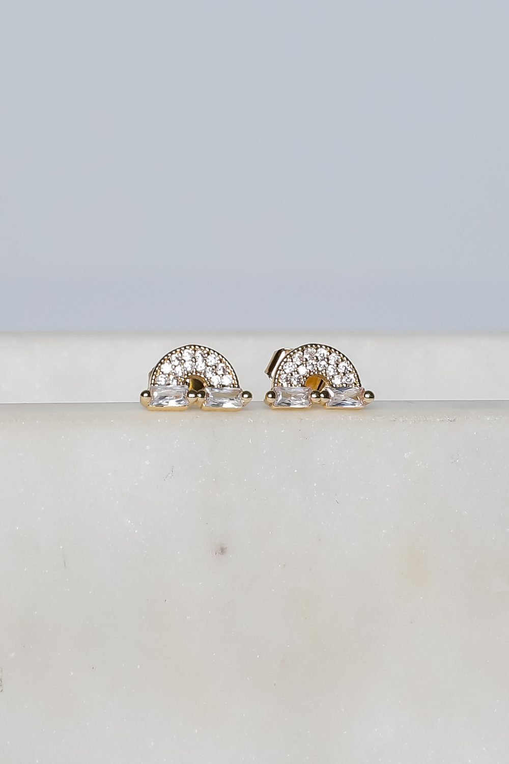 Ivy Gold Rhinestone Rainbow Stud Earrings - Image 2